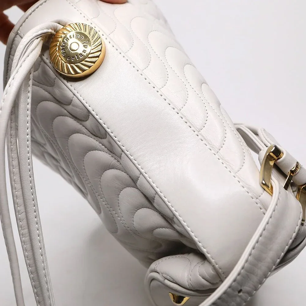 Vintage Valentino Orlandi Italy Cream Leather Bucket Shoulder Bag Quilted Body - Picture 9 of 15